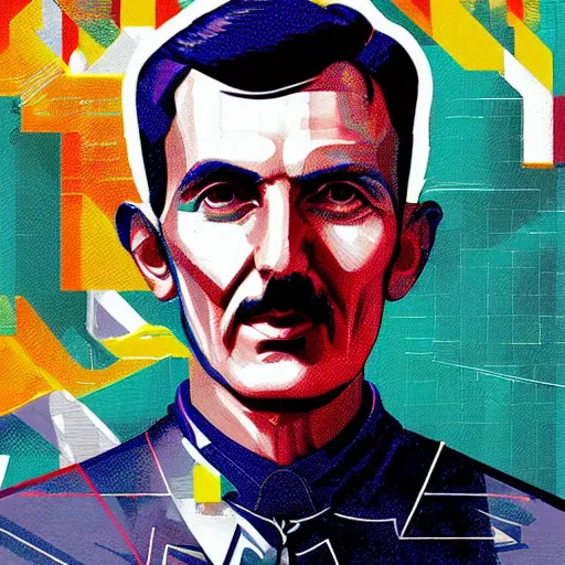 Image similar to glorious futuristic visionary inventor nikola tesla profile picture by sachin teng, c 2 1 5 and artgerm, masterpiece, organic painting, matte painting, technical geometrical drawing shapes, lightning electricity coil, hard edges, graffiti, street art by sachin teng and c 2 1 5