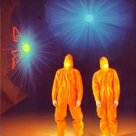 Prompt: two scientists wearing neon blue and orange rick owens hazmat suits with their hands in their pockets escaping the glowing geometric vortex by frank frazetta. rim lighting. glowing neon lights.