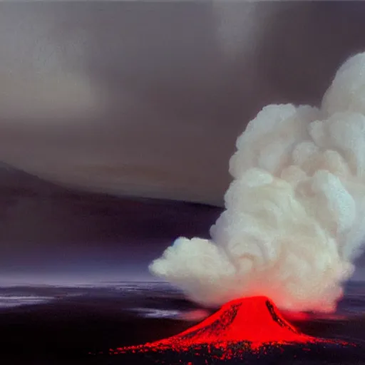 Image similar to a volcano eruption, huge fluffy smoke clouds, lava, beautiful, eerie, scary, red, craig mullins
