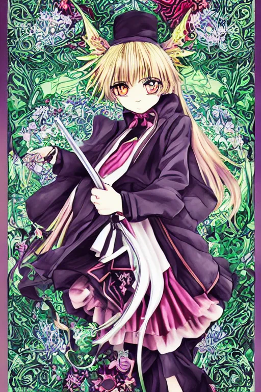 Image similar to marisa kirisame, touhou project, official artwork, intricate, amazing line work, colorful, tarot cards, the devil tarot card