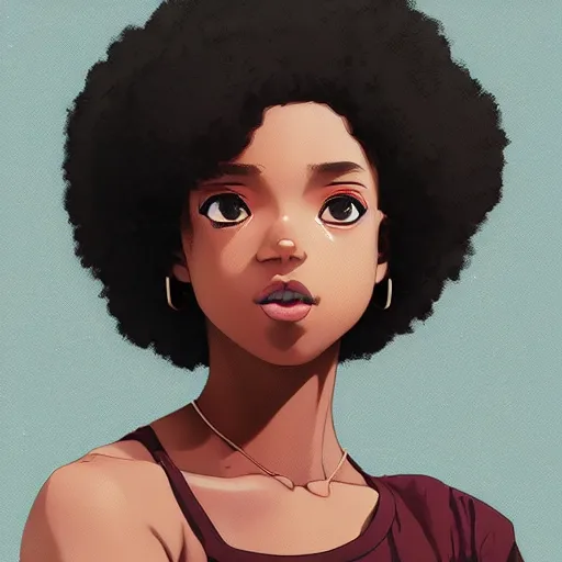 Image similar to a comic portrait of a teenager light - skin girl, afro hair, fine - face, realistic shaded perfect face, fine details, day setting. very anime style. realistic shaded lighting poster by ilya kuvshinov katsuhiro, magali villeneuve, artgerm, jeremy lipkin and michael garmash, rob rey and kentaro miura style, trending on art station