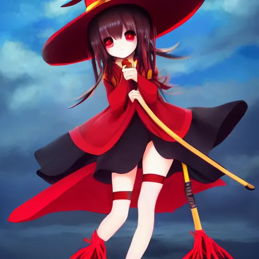 Prompt: Megumin, witch hat, red clothes, holding staff, vibrant colors, trending on pixiv, digital art, anime, trending on artstation