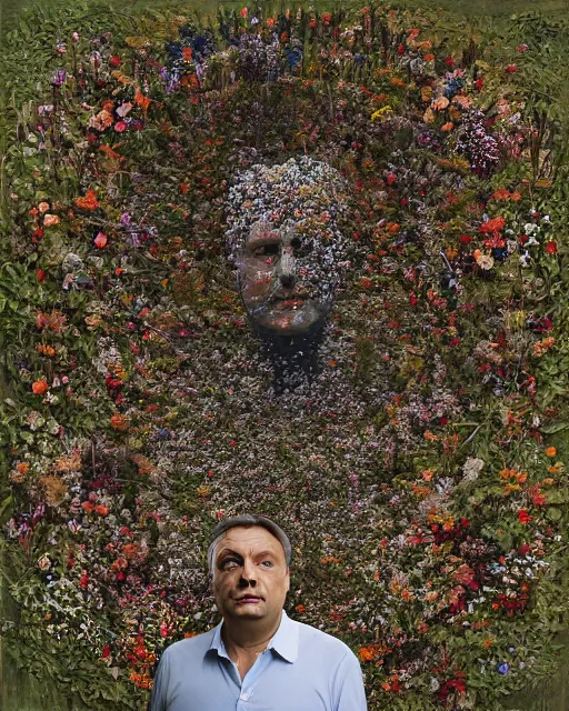 Image similar to viktor orban, made of wildflowers, in the style of the dutch masters and gregory crewdson, dark and moody