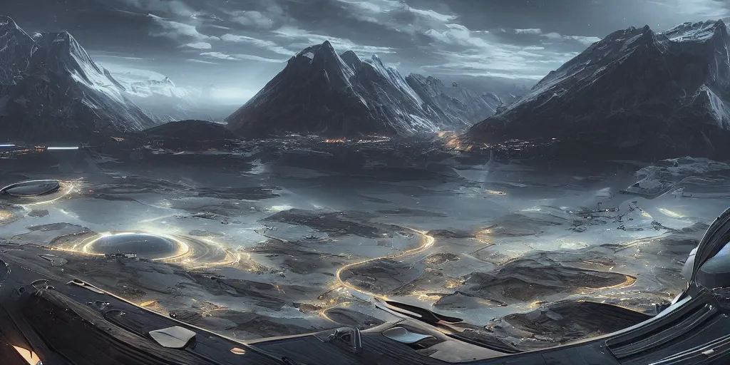 Image similar to a beautiful view of a spaceport at the fjord, matte painting, cinematic lighting, hyper - detailed, 4 k, scifi