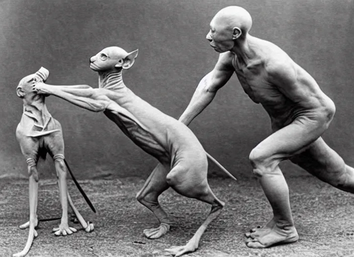 Image similar to hairless sphynx cat fighting in wwi