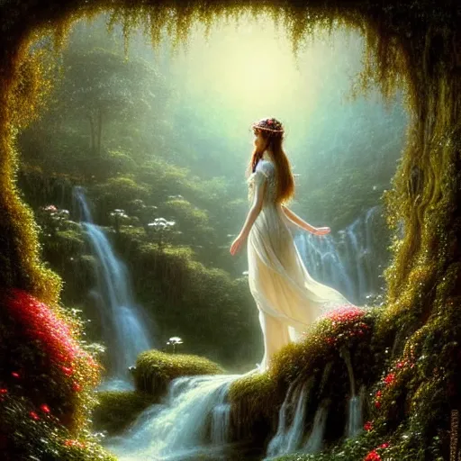 Image similar to highly detailed, elegant elf clothed in a white lace dress and flowers sitting in a enchanted scenery landscape, vast lush valley flowers and mushroom, waterfall, stream, sunrise, vivid color, soft clouds, cinematic lighting, perfect composition, 8 k, gustave dore, derek zabrocki, greg rutkowski, belsinski,