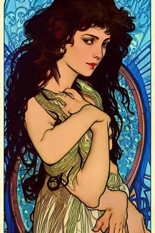 Image similar to portrait of monica belucci from the movie malena, artwork by alphonse mucha