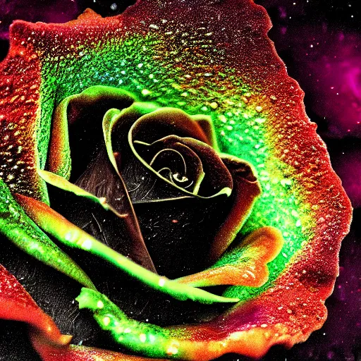 Prompt: award - winning macro of a beautiful black rose made of molten magma and nebulae on black background by harold davis, georgia o'keeffe and harold feinstein, highly detailed, hyper - realistic, inner glow, texture made of fractals, trending on deviantart, artstation and flickr, nasa space photography, national geographic