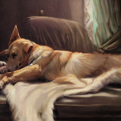 Image similar to dog lady reclining, foreshortening, fantasy, art station