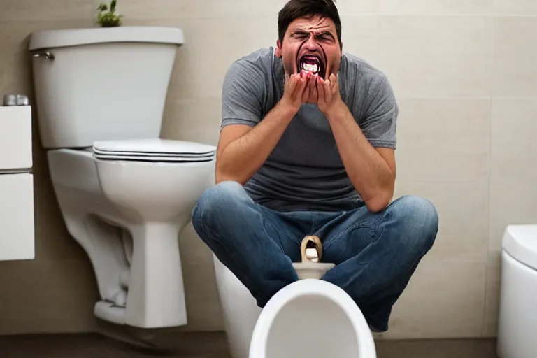 Prompt: man screaming while sitting in the toilet