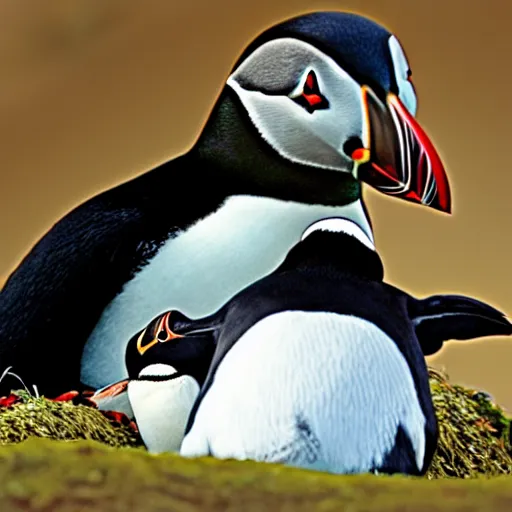 Prompt: puffin cuddling penguin