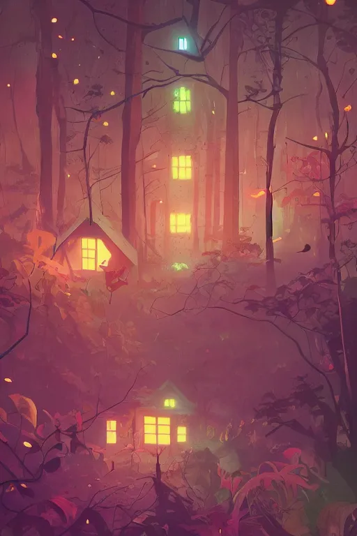 Prompt: the house in the forest, dark night, leaves in the air, fluorescent mushrooms, animals, gibli, james gilleard, atey ghailan, lois van baarle, jesper ejsing, ernst haeckel, pop art patterns, exquisite lighting, clear focus, very coherent, very detailed, contrast, vibrant, digital painting