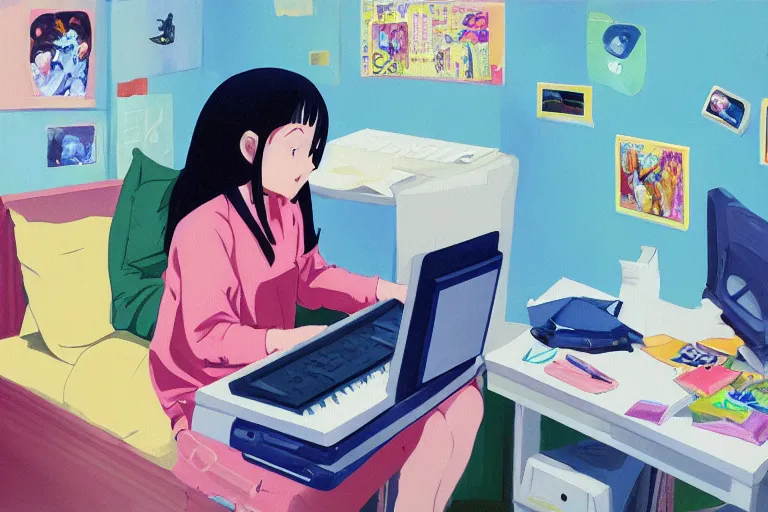 Prompt: oil painting of a girl using a computer in her room, anime, studio gainax, y2k, 2000s, posters, cluttered room