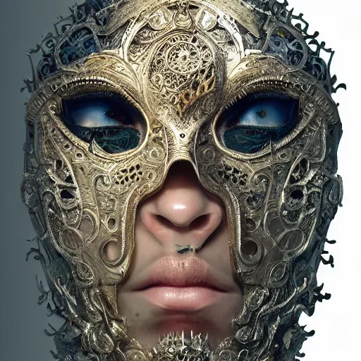 Image similar to Very very very very highly detailed epic photo of face with venetian mask, intricate, dystopian, sci-fi, extremely detailed, digital painting, artstation, concept art, smooth, sharp focus, illustration, intimidating lighting, incredible art by Tokujin Yoshioka and Anton Pieck