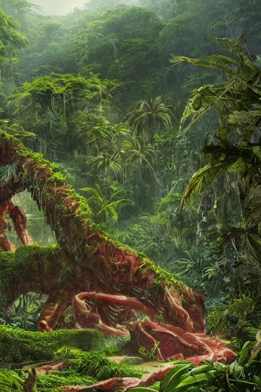 Prompt: a giant meat eating plant in the exotic jungle, landscape, alex ross, giga, david finch, concept art, matte painting, highly detailed, rule of thirds, dynamic lighting, cinematic, detailed, denoised, centerd