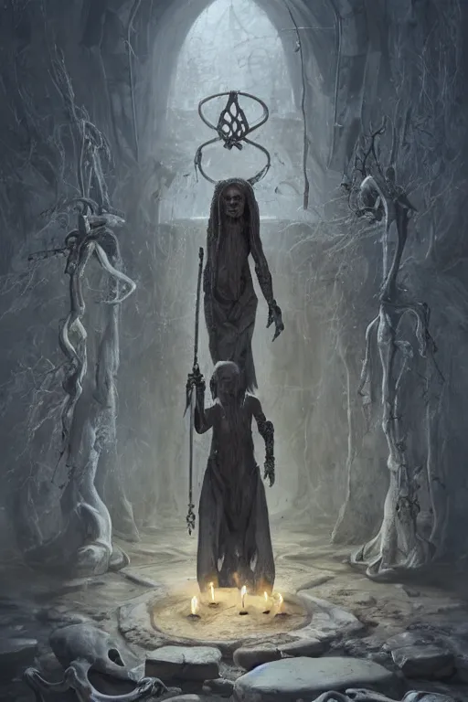 Image similar to a necromancer with a staff casts a spell that reveals the secret of life the universe and everything, dirty linen robes, staff of bones, grizzled bearded withered man by jessica rossier and hr giger