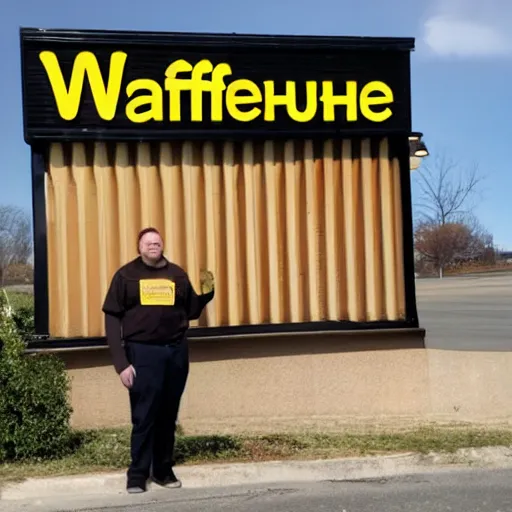 Image similar to wafflehouse employee's standing below wafflehouse sign