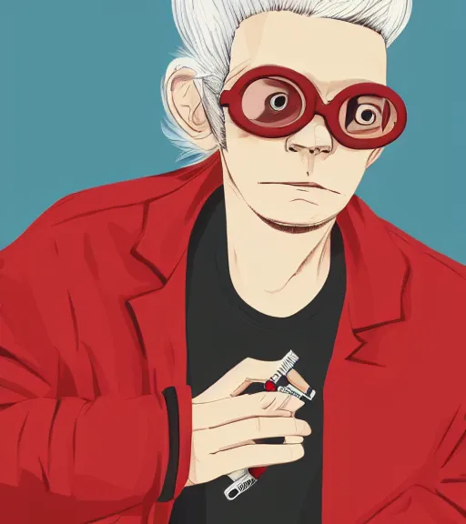 Image similar to young man in red jacket and white shirt, white hair, round goggles, smoking cigarette, character portrait, sharp focus, illustration, high detailed