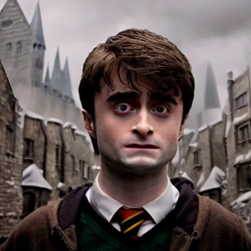 Prompt: Daniel radcliffe as harry potter, epic wide shot, cinematic shading, widescreen, sharp image, warm colors, Blu-Ray, directed by Asher Duran