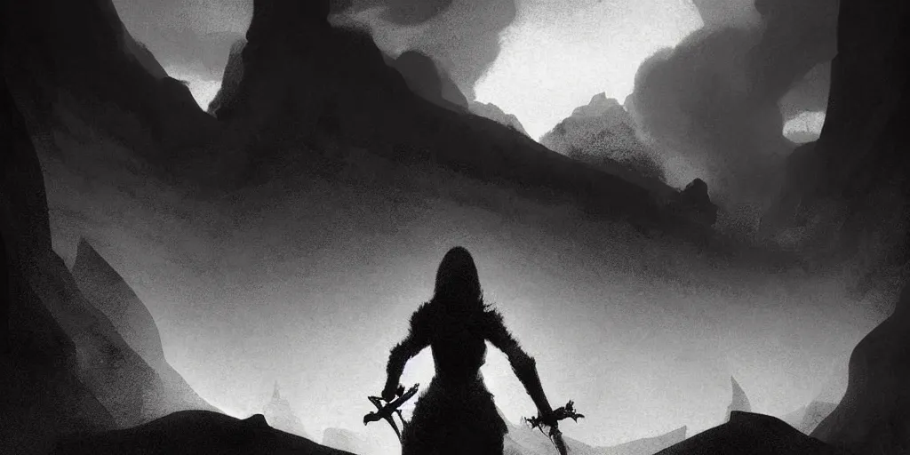 Prompt: epic portrait cinematic shot an female with large sword runnning in a cave of an giant, cloudy, foggy, storm, night setting. realistic shaded lighting poster by craig mullism, radiant light digital art, kvlt by peder balke by theodor kittelsen by guido crepax by norman bluhm mystic high contrast monochromatic noir