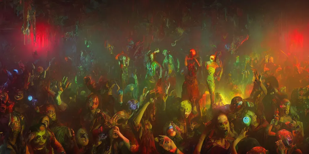 Image similar to a zombie disco party, vivid colors, extremely detailed digital painting, in the style of fenghua zhong and ruan jia and jeremy lipking and peter mohrbacher, mystical colors, rim light, beautiful lighting, 8 k, stunning scene, raytracing, octane, trending on artstation