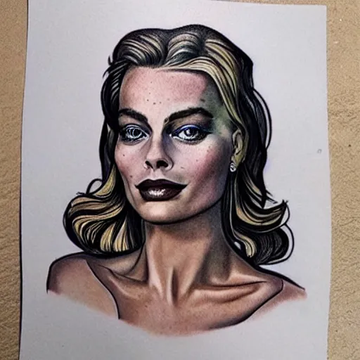 Image similar to surrealist tattoo design of margot robbie and nature mash up, in the style of arlo dicristina, amazing detail, face morph