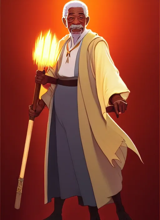 Image similar to elegant fantasy wizard based on morgan freeman holding a broom natural lighting, path traced, highly detailed, high quality, digital painting, by don bluth and ross tran and studio ghibli and alphonse mucha, artgerm