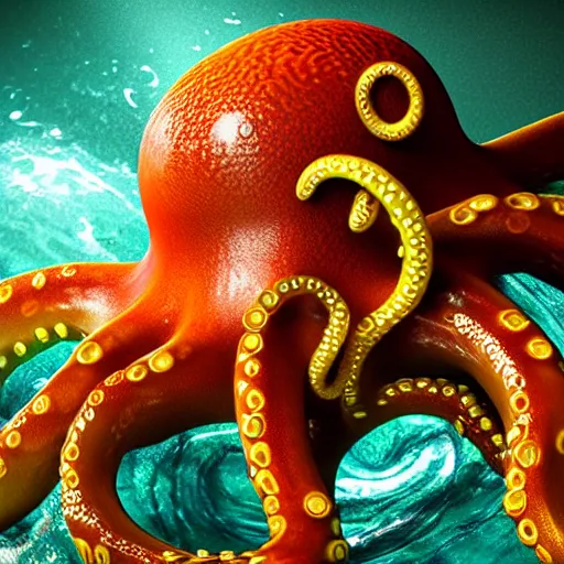 Image similar to realistic 3 d render of octopus with swirling detailed magical tentacles, holding illusions, in a fantastical ocean, octane render