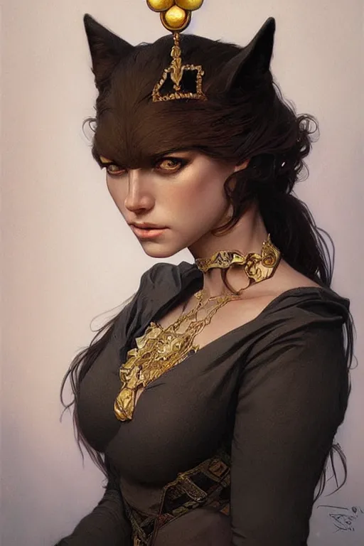 Prompt: portrait of a queen cat gir, dark, piercing eyes, gentle expression, elegant clothing, photorealistic, highly detailed, artstation, smooth, sharp focus, art by michael whelan, artgerm, greg rutkowski and alphonse mucha