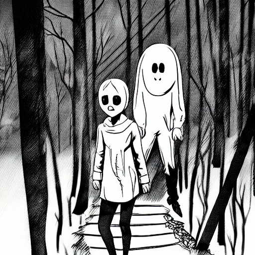 Image similar to in the style of sui ishida, junji ito, rafael albuquerque, transparent ghost screaming, in the woods, moody lighting