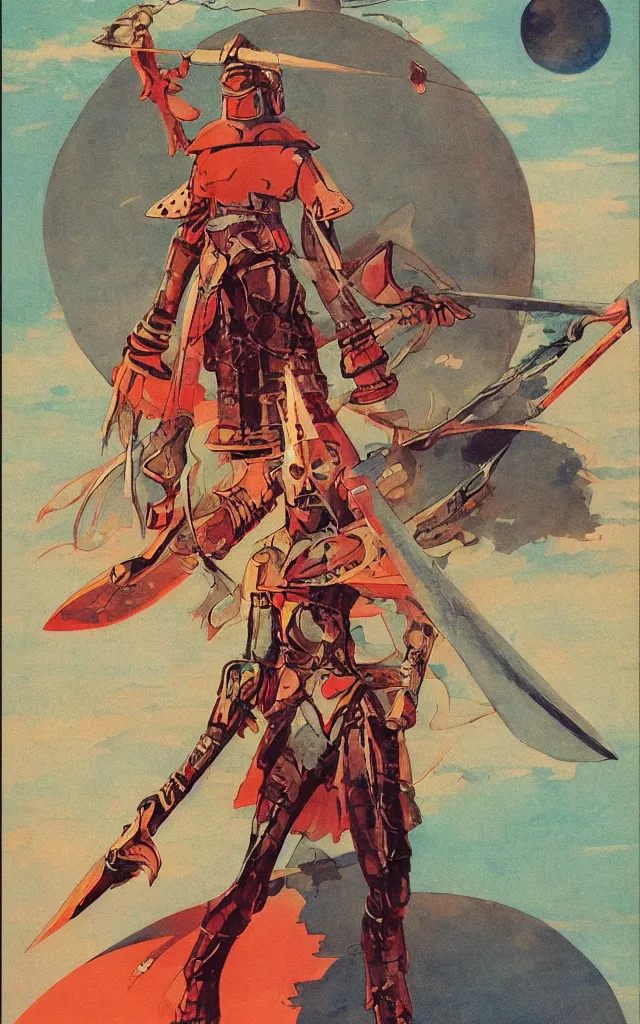 Prompt: on a strange vintage scifi planet, a samurai wizard knight goddess with large sword poses in glory, vintage scifi poster, winslow homer, moebius, roger dean, artstation