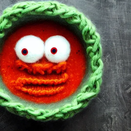 Image similar to a bowl of soup that looks like a monster that is knitted out of wool