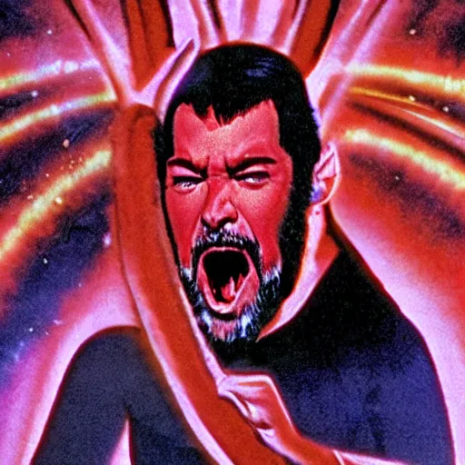 Image similar to Star Trek's Commander Riker screaming in agony while caught in a psychedelic mushroom trip