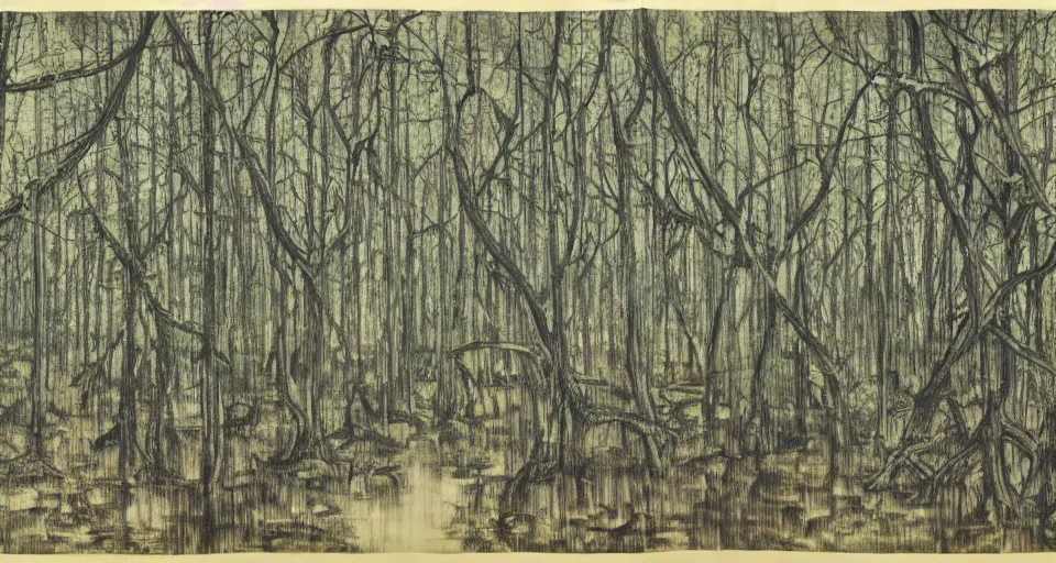 Image similar to A dense and dark enchanted forest with a swamp, by Zeng Fanzhi