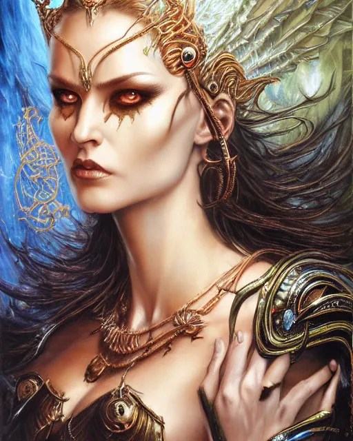 Image similar to a highly detailed airbrush painting of an evil female fantasy sorceress with piercing beautiful eyes art by karol bak and donato giancola and mark brooks, centered, full size, hires, 4 k, high resolution, sharp focus