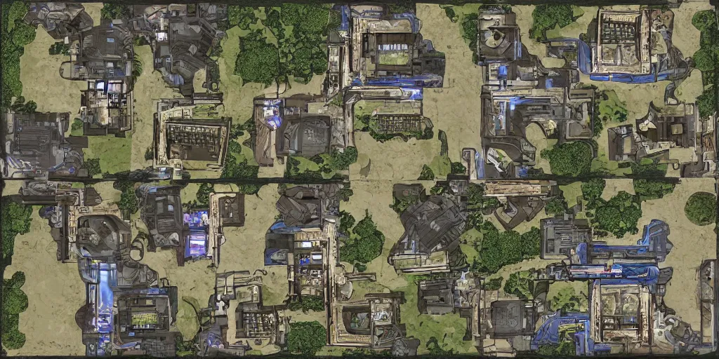 Prompt: architectural floor plan gears of war map hybrid halo minimap, symmetrical outpost, award winning design