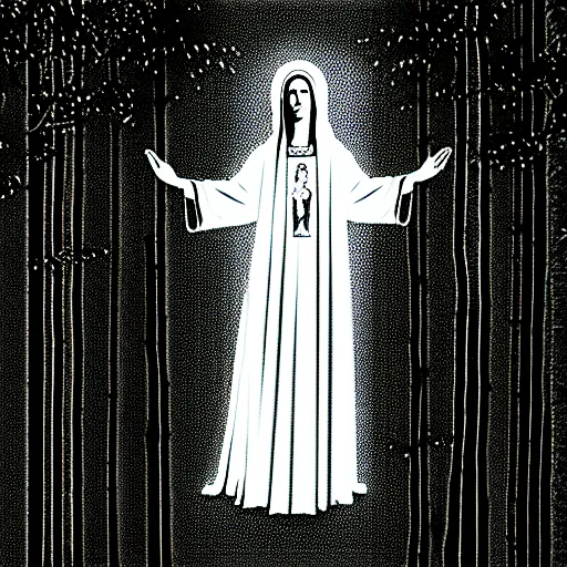 Image similar to marian apparition in forest, high contrast, found footage, vhs, 1 9 9 0, beautiful, highly realistic, highly detailed, vhs noise static, black and white, vhs glitch