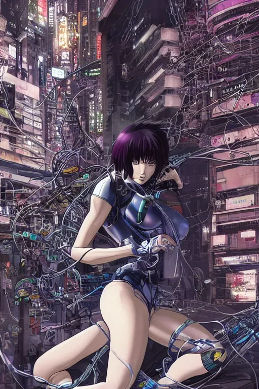 Image similar to super coherent motoko kusanagi kneeling on a white in style of masamune shirow, empty floor, with a mess of wires and cables coming out of her head and backside, by Yukito Kishiro and katsuhiro otomo, illustration, cyberpunk, hyper-detailed, colorful, complex, intricate, masterpiece, epic