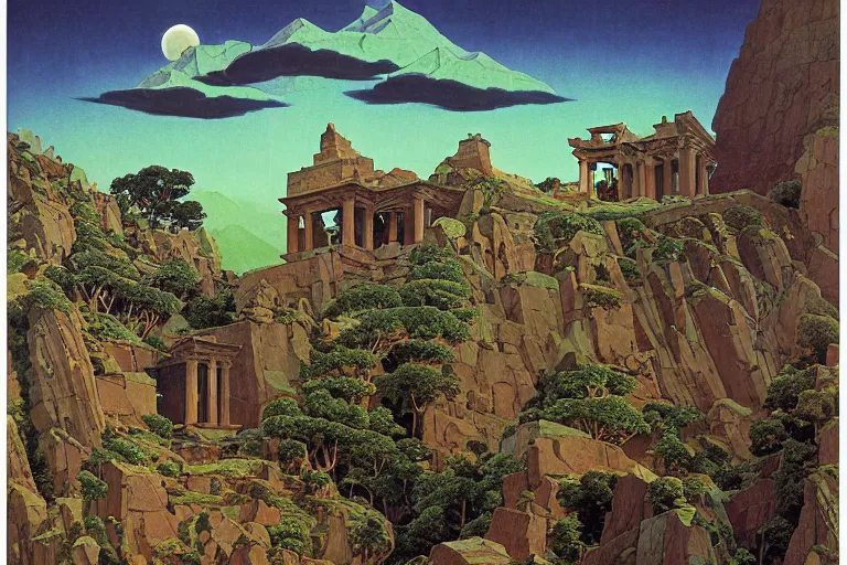 Prompt: ancient temple on a mountaintop by moonlight | by Paul O. Zelinsky and Maxfield Parrish and Nicholas Roerich and Donato Giancola | ornate carvings| climbing vines| rich color | dramatic cinematic lighting | extremely clear and detailed