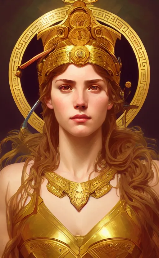 Image similar to portrait of the goddess athena, greek mythology, intricate, headshot, highly detailed, digital painting, artstation, concept art, sharp focus, cinematic lighting, illustration, art by artgerm and greg rutkowski, alphonse mucha, cgsociety