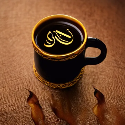 Image similar to arabic calligraphy coffee cup design, product photography, product design, studio lighting, professional photoshoot