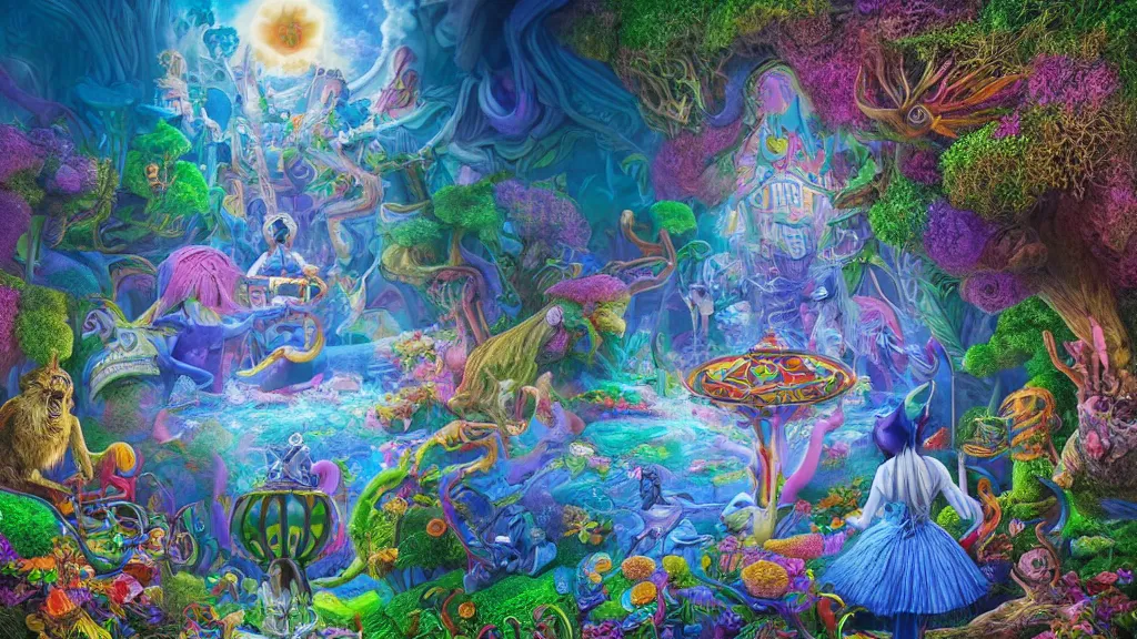 Prompt: alice in wonderland dmt tripping, by alex grey android jones and greg rutkowskivery coherent, hyper realism, high detail, vivid colors, octane render, unreal engine, 8 k, smooth gradients, high contrast, depth of field by jacek yerka