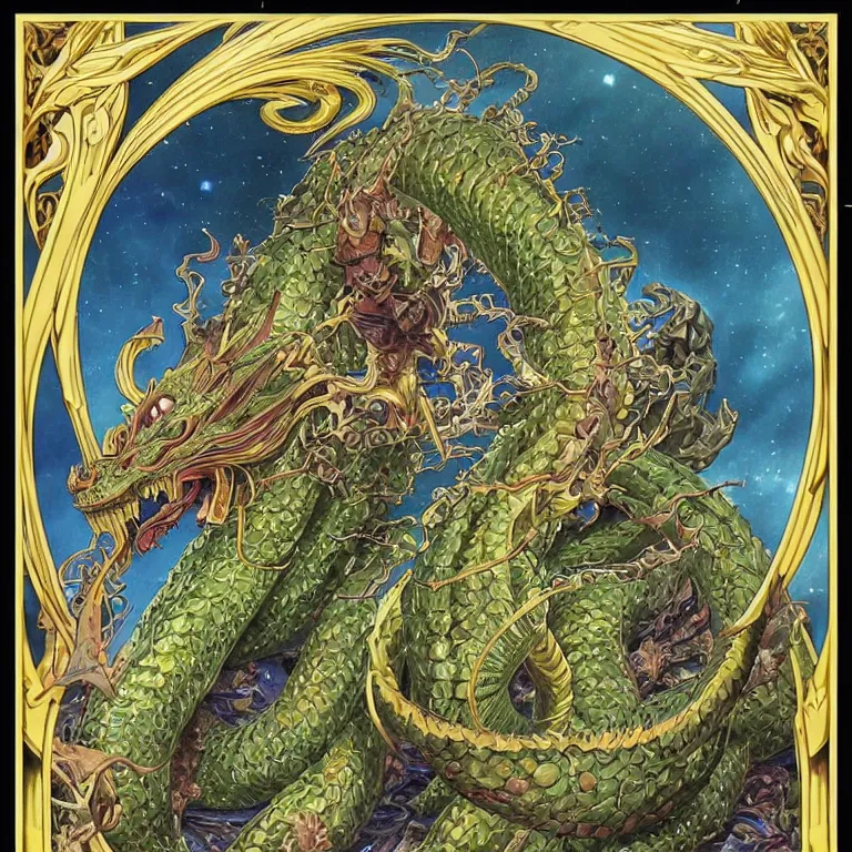 Image similar to portrait of Shenron The Eternal Dragon of the Earth Dragon Balls by Jeff Easley and Peter Elson + beautiful eyes, beautiful face + symmetry face + border and embellishments inspiried by alphonse mucha, fractals in the background, galaxy + baroque, gothic, surreal + highly detailed, intricate complexity, epic composition, magical atmosphere + masterpiece, award winning + trending on artstation