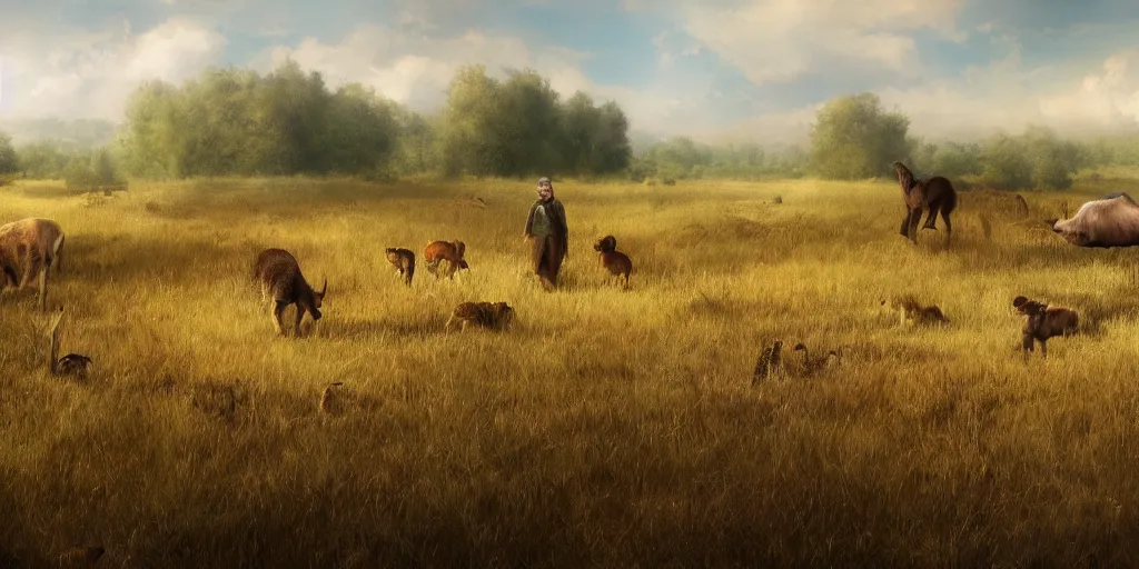 Prompt: prairie with prairie animals, matte painting, concept art, 4 k