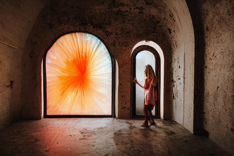 Prompt: A photograph of a woman standing in a snail-shaped interior space with her back to the camera， an arched door glowing white at the end, neon colors,F3.5,ISO640,18mm,1/60,Canon EOS 90D.