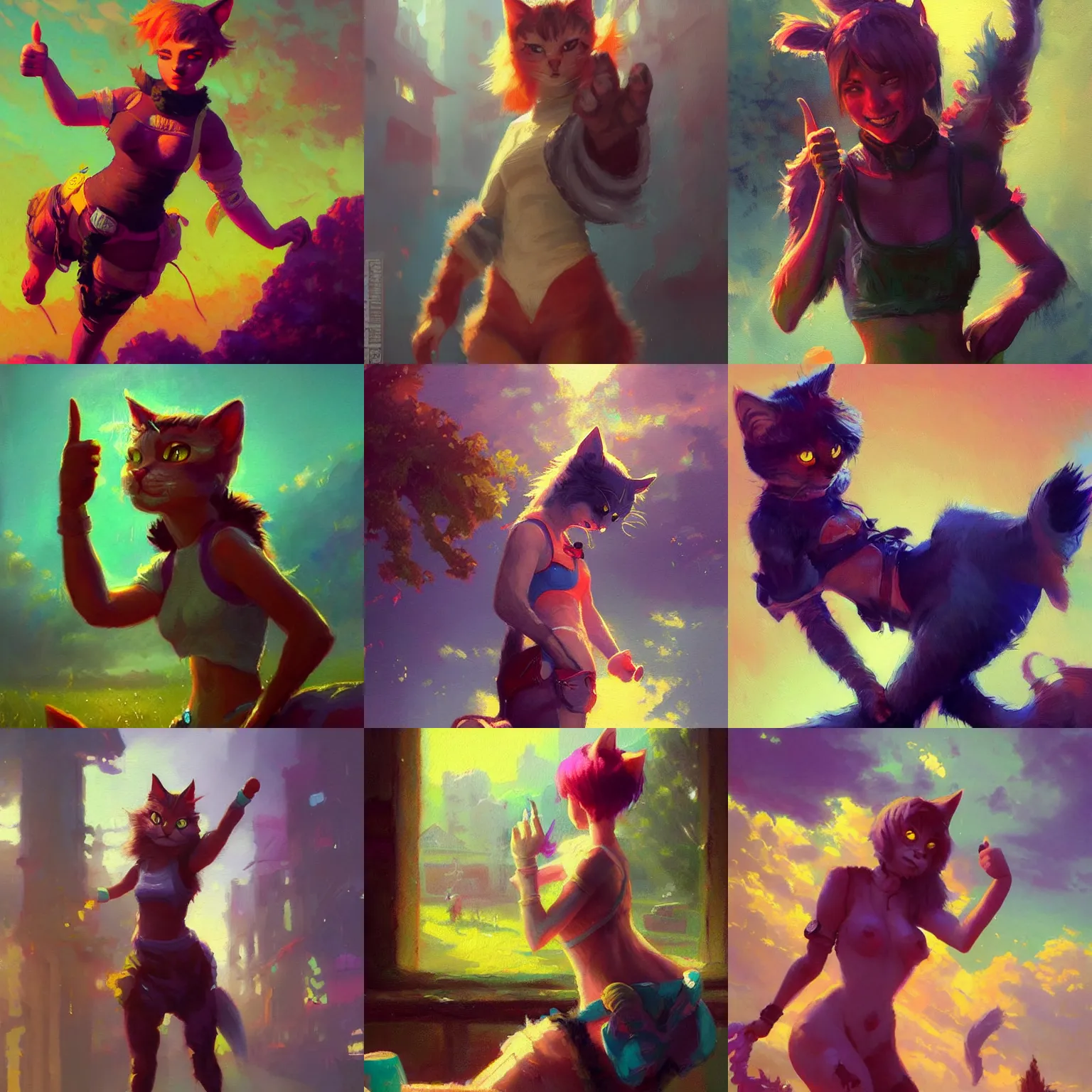 Prompt: catgirl giving thumbs up, cute, acrylic painting, highly detailed, saturated colors, by greg rutkowski and thomas kinkade trending on artstation