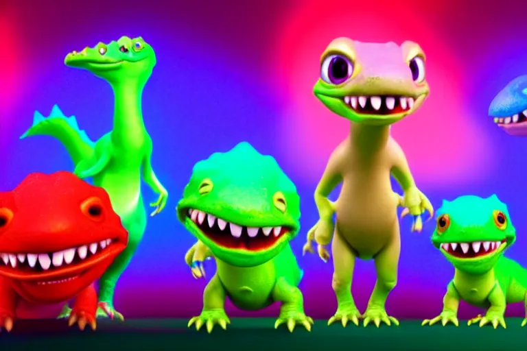 Prompt: pixar designed cute, smiling chibi style baby dinosaurs made entirely out of glowing electrified hypercolor plasma, having fun inside a psychedelic realm made entirely out of love and acceptance and hypercolors. astral beings sharing love. renderman, ray tracing, symmetrical faces, 3 d models