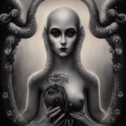 Prompt: By Tom Bagshaw, ultra realist soft painting of a curiosities carnival by night, beautiful dark eyed evil porcelain doll in full multiples tentacles dress, symmetry accurate features, very intricate details, omnious sky, black and white, volumetric light clouds