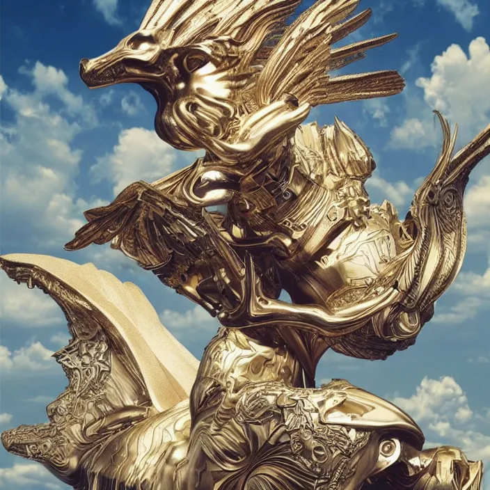 Image similar to modernist bauhaus jeff koons style neverending story winged sphinx, ultra realistic, concept art, intricate details, serious, highly detailed, photorealistic, octane render, 8 k, unreal engine, art by todd mcfarlane and artgerm and greg rutkowski and alphonse mucha