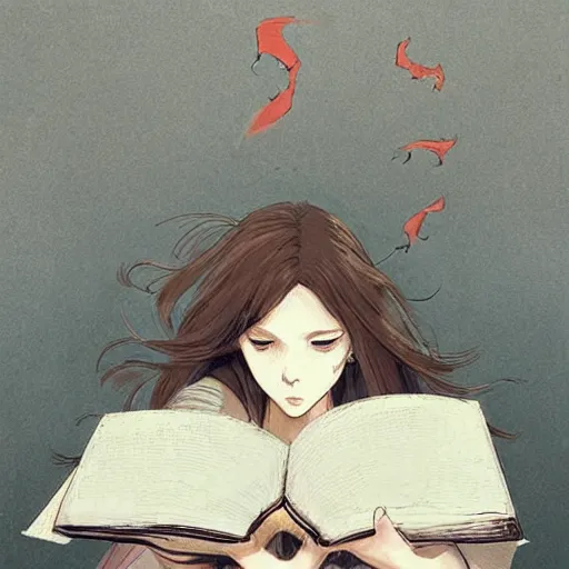 Prompt: a girl reading a book!!!, hair flowing down, symmetric, anatomically correct!, by hayao miyazaki, greg rutkowski